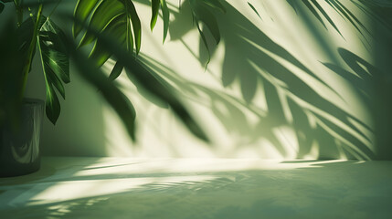 Empty room with tropical leaves shadows : Generative AI