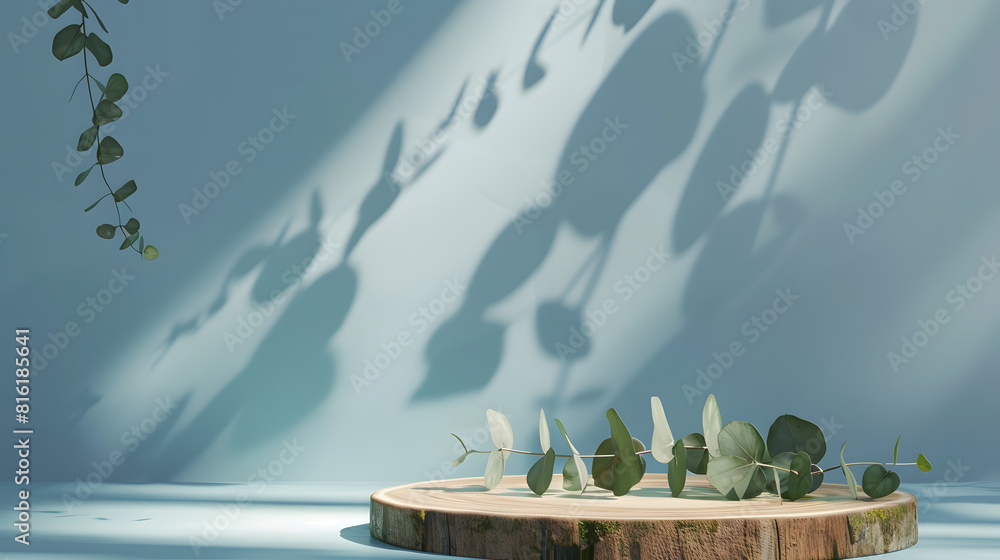 Poster Abstract empty Wood slice podium with eucalyptus leaves and shadows on blue background Mock up stand for product presentation 3D Render Minimal concept Advertising template : Generative AI