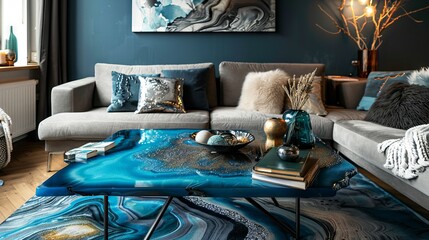 Stylish composition with design epoxy coffee table, sofa, blanket, pillows, book, decoration and personal accessories in modern home decor --