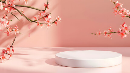 White round podium pedestal cosmetic beauty product presentation empty mockup on trendy pink coral pastel background with light shadows and spring flowers minimalist flat lay backdrop  : Generative AI