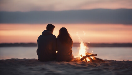 Lovely couple sitting at the beach near the bonfire and watching the sunset

