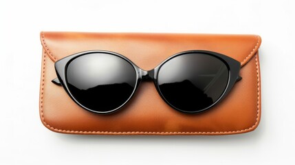 Summer glasses fashion. Female elegant trendy luxury black sun glasses resting on a brown leather case isolated on a white background. Clipping path. 