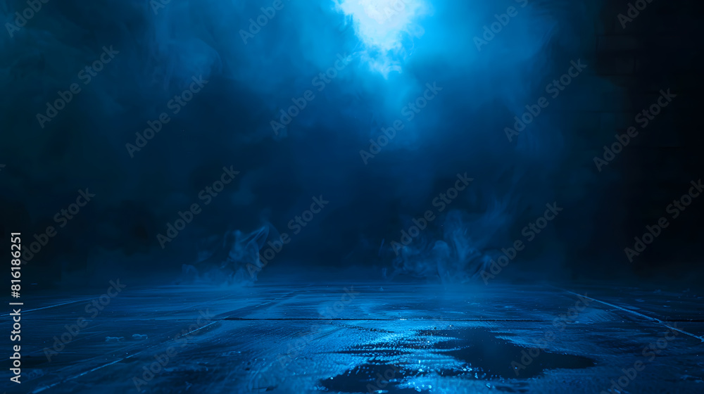 Poster a dark empty street dark blue background an empty dark scene neon light spotlights the asphalt floor