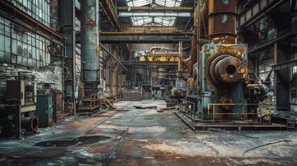 Interior view of a rusty old industrial manufacturing plant, 16:9