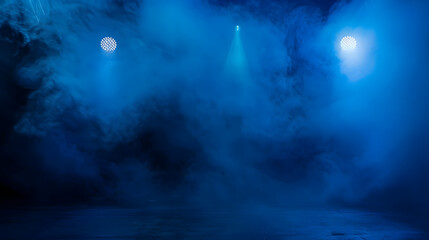 The dark stage shows dark blue  background an empty dark scene neon light spotlights The asphalt floor and studio room with smoke float up the interior texture for display products : Generative AI