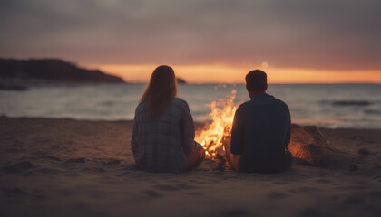 Lovely couple sitting at the beach near the bonfire and watching the sunset

