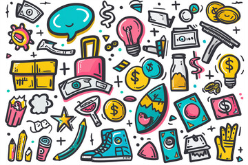 Colorful Doodle Art Illustration Featuring Money and Assorted Everyday Items