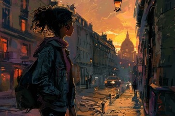 An ultra-calistic drawing of an unrecognizable, dreamy young multi-ethnic woman walking along the cobbled streets of a large city at dawn. Journey