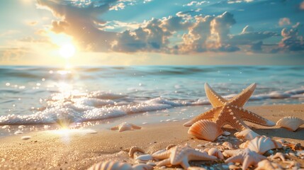 Fototapeta na wymiar Beautiful panoramic shot of tropical beach clear sea and beautiful seashells and starfish