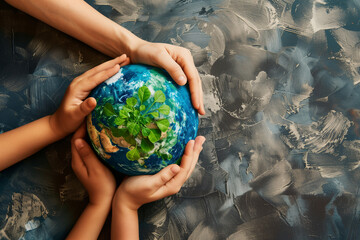 Two Hands Holding a Globe on a Blue Background