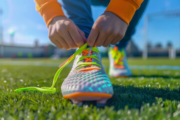 Man Tying Shoes on Soccer Field