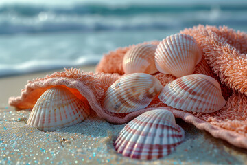 Light peach-colored beach towel with pastel purple seashells on a pastel blue sandy beach, evoking...