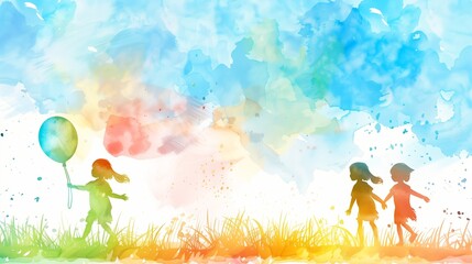 Fototapeta premium Watercolor painted banner with happy and colorful kids on background with copy space