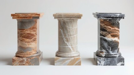Three different styles of marble columns are displayed on a white background.