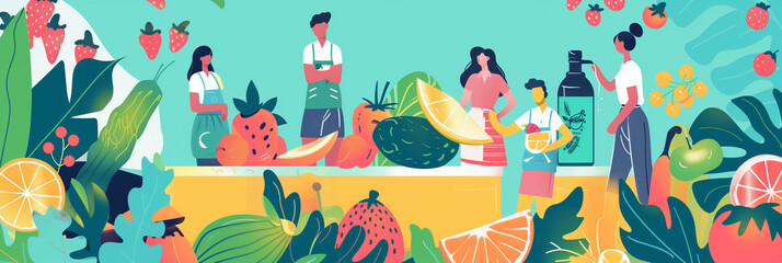 Group of People Standing Around Table With Fruits and Vegetables