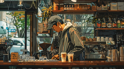 Naklejka premium Describe a Korea man who is enjoying a rich and mellow coffee in a coffee shop,generative ai