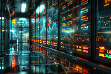 Fototapeta premium Computer screens displaying real-time stock quotes and market indices, reflecting the interconnectedness of global markets. Generative Ai.