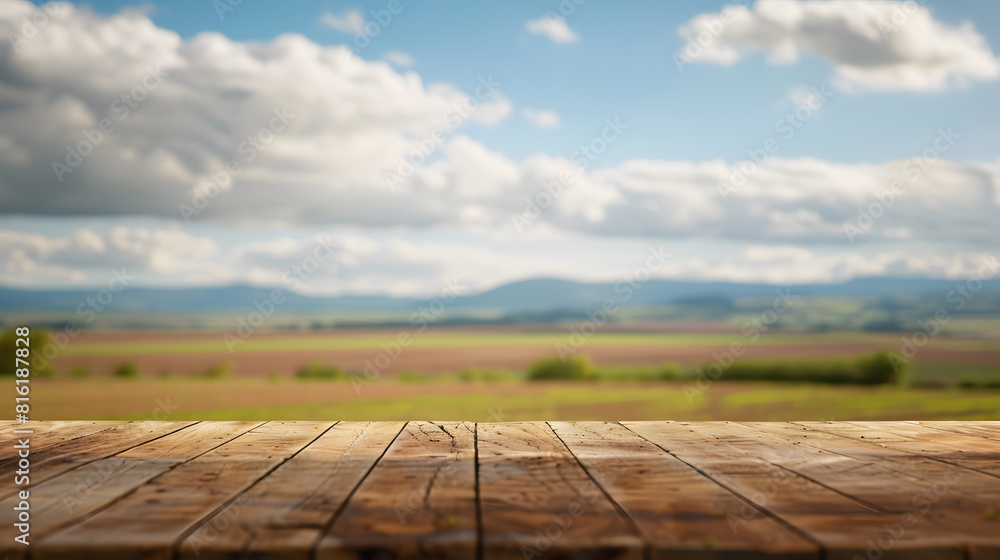 Poster the empty wooden brown table top with blur background of farmland and blue sky exuberant image : gen