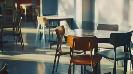 Chairs on tables in empty cafe : Generative AI