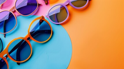Sunglasses and glasses sale concept. Trendy sunglasses background. Trendy Fashion summer accessories. Copy space for text. Summer sale. Optic store discount poster. glasses with rounded frames. 