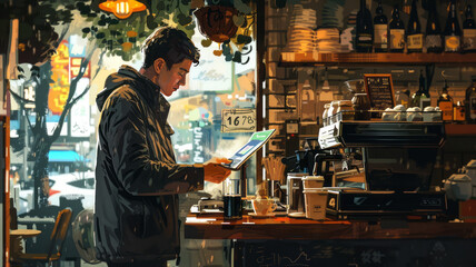 Obraz premium Describe a Korea man who is enjoying a rich and mellow coffee in a coffee shop,generative ai