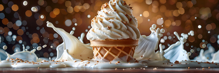 Ice Cream in a Waffle Cone with a Splash of Milk,
Whipped Cream and Ice Cream
