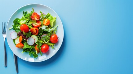 Food Blue. Tasty Fresh Salad Plate on Blue Background for Balanced Nutrition