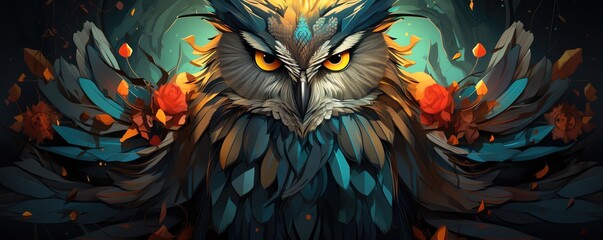 Owl flat design front view ancient wisdom theme cartoon drawing Tetradic color scheme