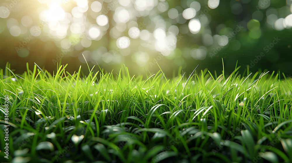 Poster a lush green field with a bright sun shining down on it. the grass is tall and the sky is clear, cre