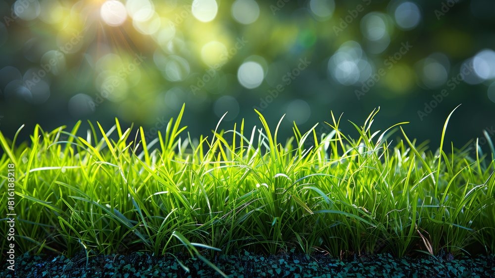 Poster a lush green field with a bright sun shining down on it. the grass is tall and the sky is clear, cre