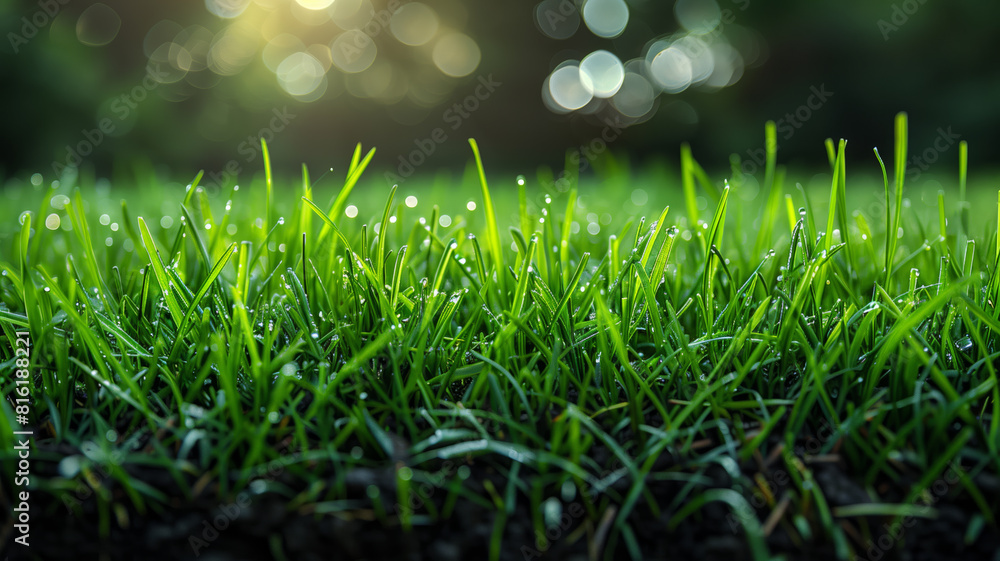 Aufkleber a lush green field with a bright sun shining down on it. the grass is tall and the sky is clear, cre