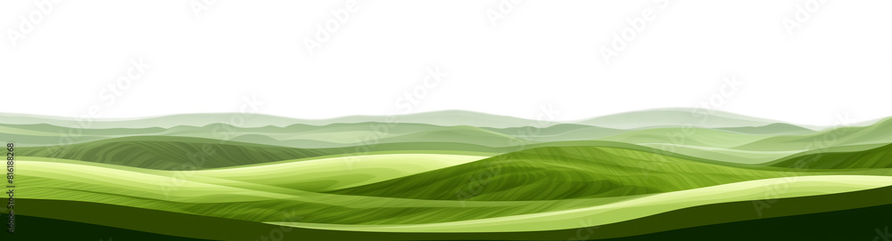 Poster a green field with a white background. the field is very large and has a very peaceful and calming a