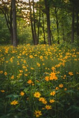 Obraz premium Field Of Flowers. Yellow Blossoms Blooming in Sunset Field with Green Forest