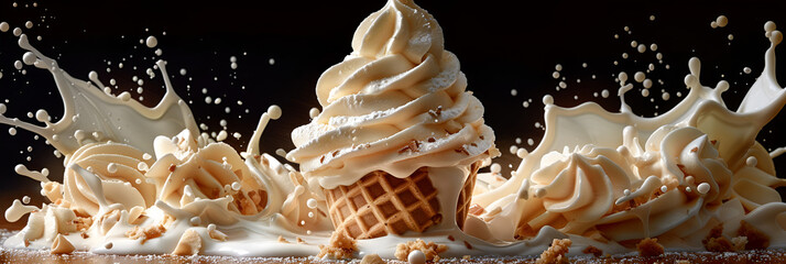 Ice Cream in a Waffle Cone with a Splash of Milk,
A photo of a mouthwatering swirl of softserve ice cream
