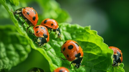 Fototapeta premium A group of vibrant red and black ladybugs is seen crawling on a lush green leaf in a summer garden