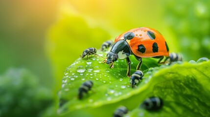 Fototapeta premium Vibrant Ladybug Crawling on Dewy Green Leaf in a Lush Garden, Early Morning. pest management
