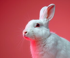 white rabbit on red background. Concept: banner with a cute cheerful animal on a plain copy space background, print or postcard