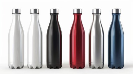 Vector Realistic 3d White, Silver, Black, Red, Blue Empty Glossy Metal Reusable Water Bottle with Silver Bung Set Closeup Isolated. Design template of Packaging Mockup. Front View 
