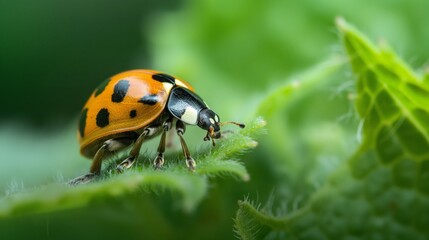 Fototapeta premium Vibrant Ladybug Crawling on Dewy Green Leaf in a Lush Garden, Early Morning. pest management