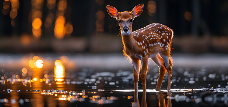 Deer is standing in an imaginary dark and moody river in the forest High quality photo