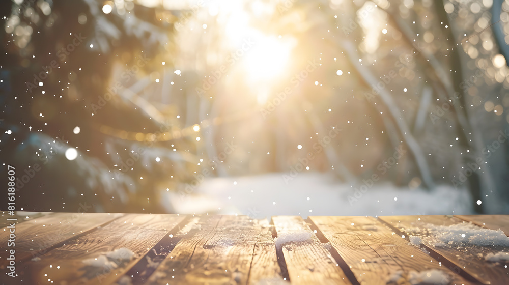 Aufkleber Vintage winter background Empty wooden table blurry forest snow sunshine and bookeh effect : Generative AI