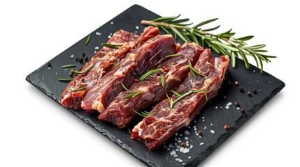 Beef fillet strips of roasted meat on a black plate against a white background