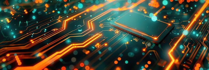 Obraz premium Information Technology Background. Futuristic Circuit Board processing Code in Orange, Green, Blue