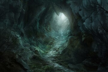 Fototapeta premium Surreal pathway leading to a cave mouth bathed in ethereal light amidst dark, forested rocks