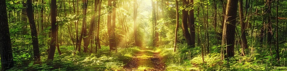 Obraz premium Nature Trail through Sunlit Forest Landscape with Green Trees