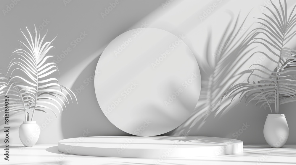 Poster minimalism background. abstract 3d rendering stage display podium with natural leaf platform