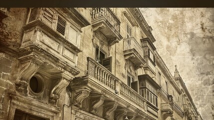 Vintage view of typical buildings balconies in La Valletta 