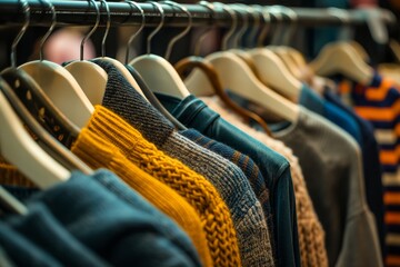 Assorted sweaters on retail clothing rack