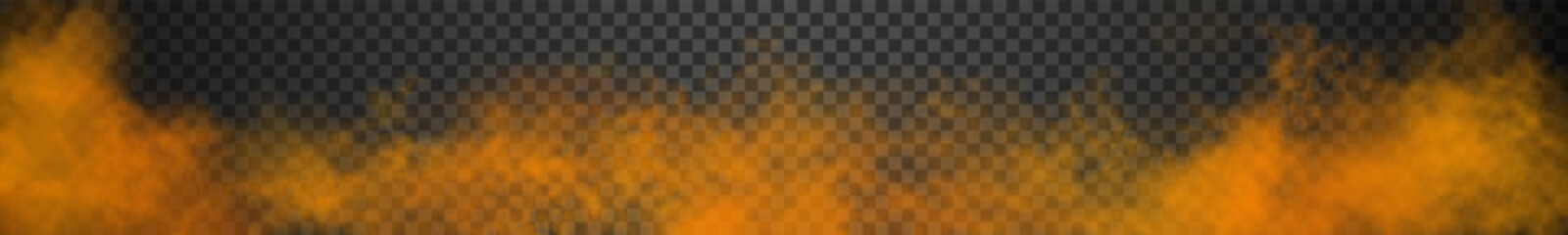 Long fire orange gradient futuristic vibrant smoke cloud. Vector realistic magic color haze panorama isolated on the semi transparent dark background