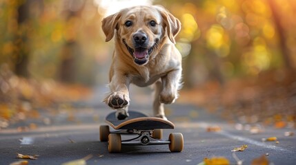 A cute labrador dog rides a skateboard in the summer park